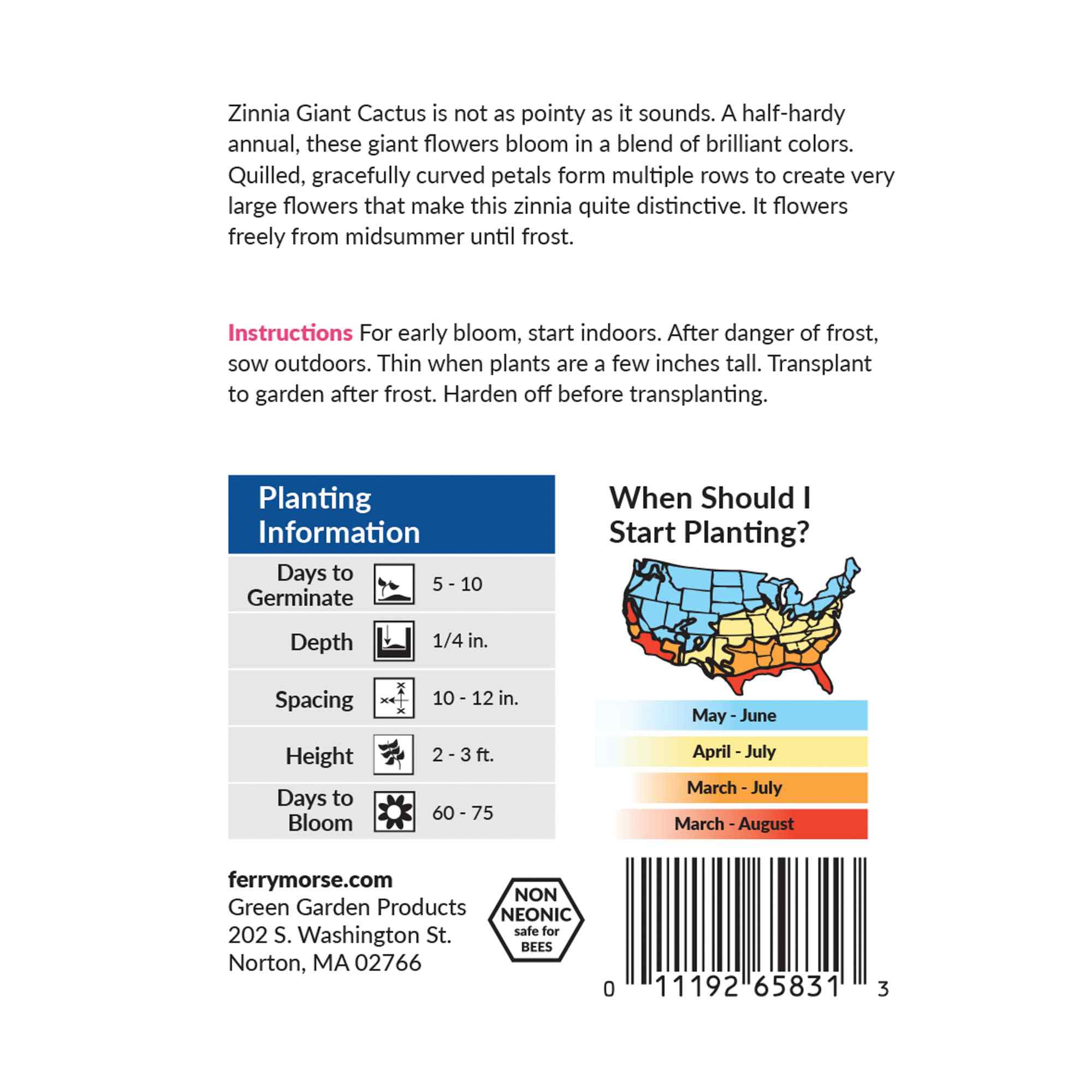 Zinnia Giant Cactus Flowered Colors Back of Packaging